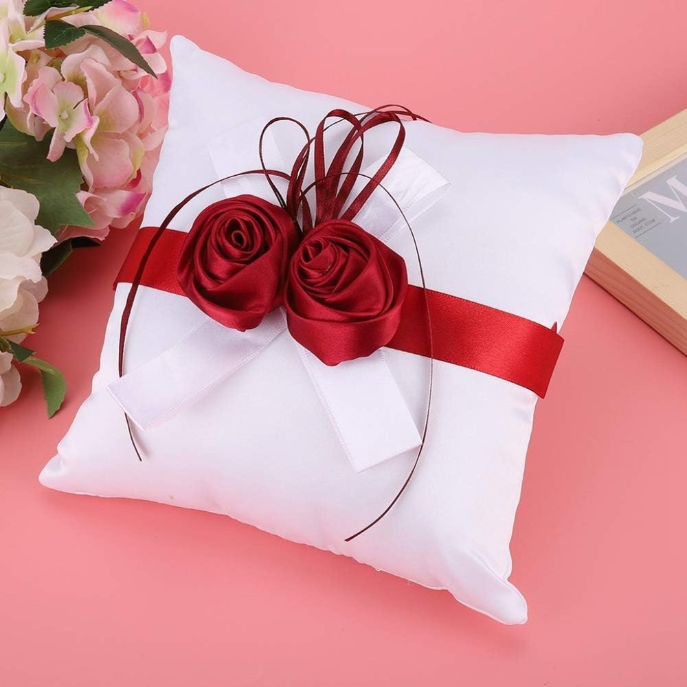 Square White Ring Bearer Pillow Wedding Bridal Keepsake Roses 7.9 x 7.9 x 3.7"